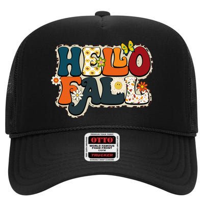 Hello Fall Retro Groovy Pumpkin Season Leopard Autumn High Crown Mesh Back Trucker Hat