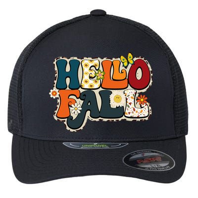 Hello Fall Retro Groovy Pumpkin Season Leopard Autumn Flexfit Unipanel Trucker Cap