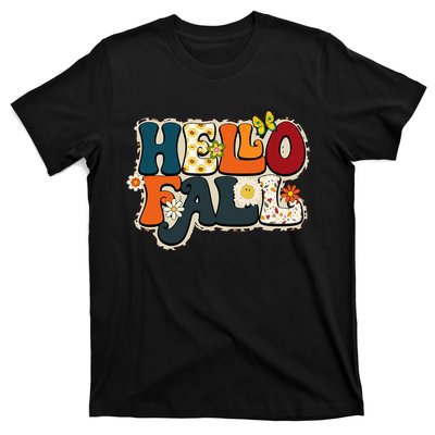 Hello Fall Retro Groovy Pumpkin Season Leopard Autumn T-Shirt