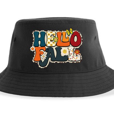 Hello Fall Retro Groovy Pumpkin Season Leopard Autumn Sustainable Bucket Hat