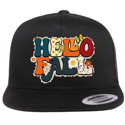 Hello Fall Retro Groovy Pumpkin Season Leopard Autumn Flat Bill Trucker Hat