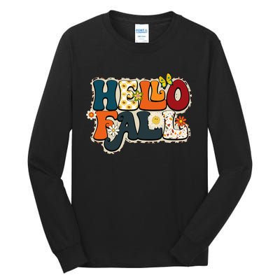 Hello Fall Retro Groovy Pumpkin Season Leopard Autumn Tall Long Sleeve T-Shirt