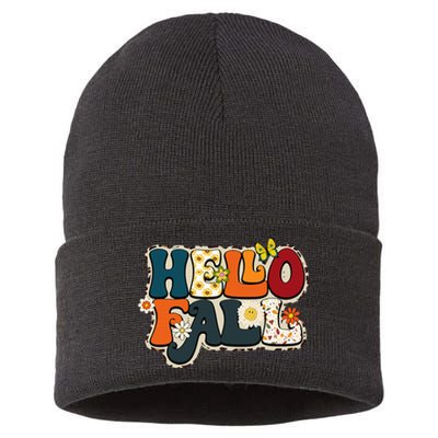 Hello Fall Retro Groovy Pumpkin Season Leopard Autumn Sustainable Knit Beanie