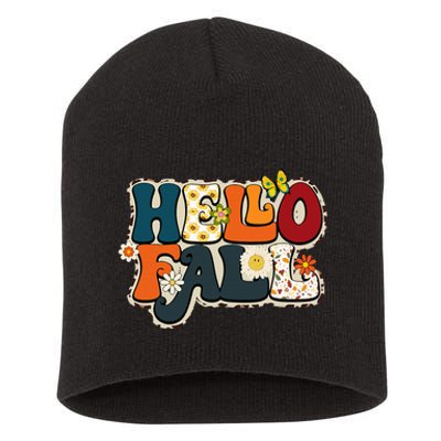 Hello Fall Retro Groovy Pumpkin Season Leopard Autumn Short Acrylic Beanie