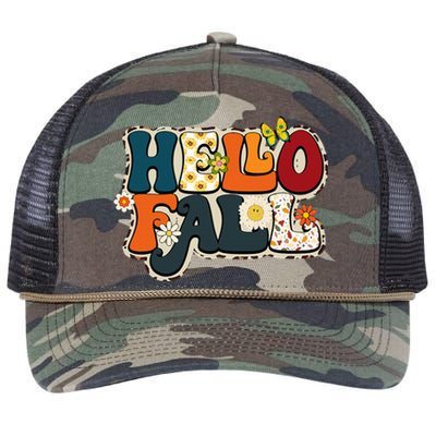 Hello Fall Retro Groovy Pumpkin Season Leopard Autumn Retro Rope Trucker Hat Cap