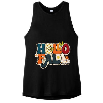 Hello Fall Retro Groovy Pumpkin Season Leopard Autumn Ladies PosiCharge Tri-Blend Wicking Tank