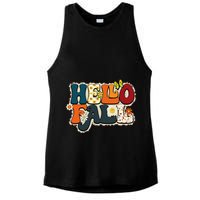 Hello Fall Retro Groovy Pumpkin Season Leopard Autumn Ladies PosiCharge Tri-Blend Wicking Tank