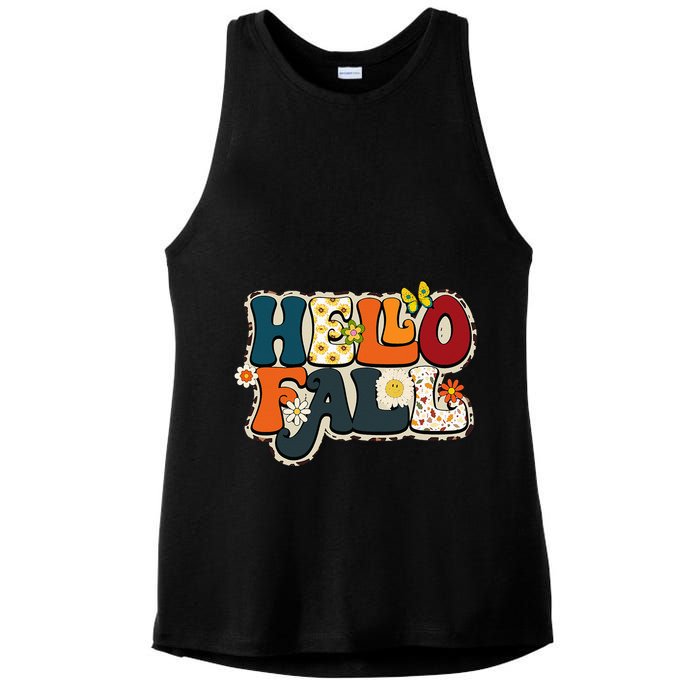 Hello Fall Retro Groovy Pumpkin Season Leopard Autumn Ladies PosiCharge Tri-Blend Wicking Tank
