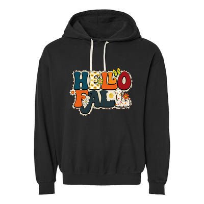 Hello Fall Retro Groovy Pumpkin Season Leopard Autumn Garment-Dyed Fleece Hoodie
