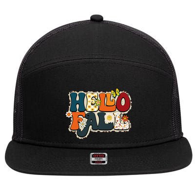 Hello Fall Retro Groovy Pumpkin Season Leopard Autumn 7 Panel Mesh Trucker Snapback Hat