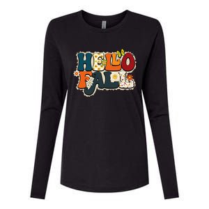 Hello Fall Retro Groovy Pumpkin Season Leopard Autumn Womens Cotton Relaxed Long Sleeve T-Shirt