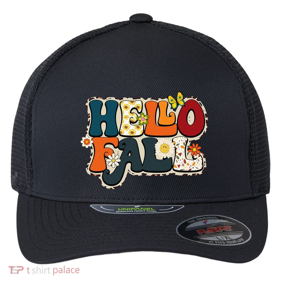 Hello Fall Retro Groovy Pumpkin Season Leopard Autumn Flexfit Unipanel Trucker Cap