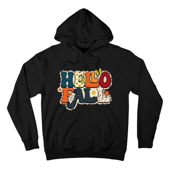 Hello Fall Retro Groovy Pumpkin Season Leopard Autumn Hoodie