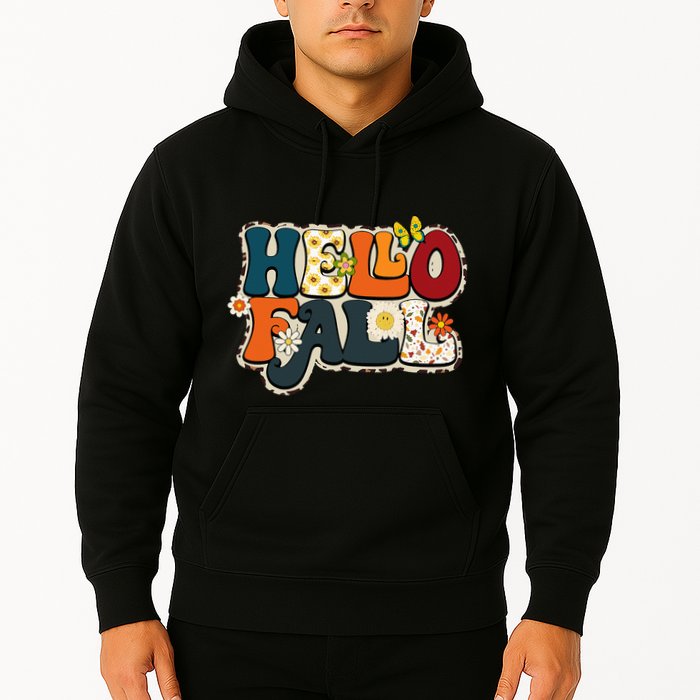 Hello Fall Retro Groovy Pumpkin Season Leopard Autumn Hoodie