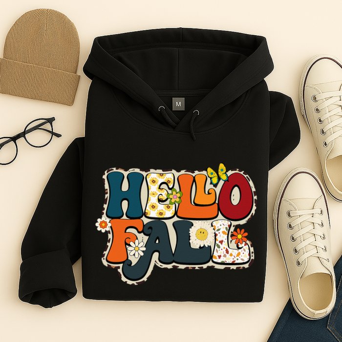 Hello Fall Retro Groovy Pumpkin Season Leopard Autumn Hoodie