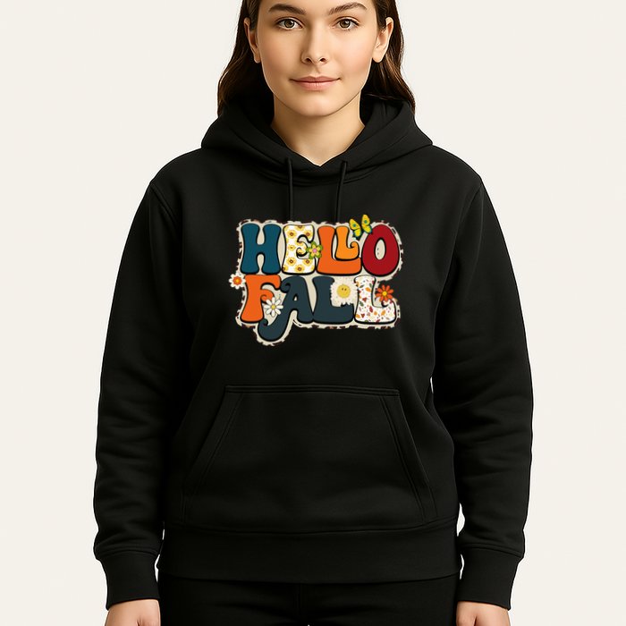 Hello Fall Retro Groovy Pumpkin Season Leopard Autumn Hoodie