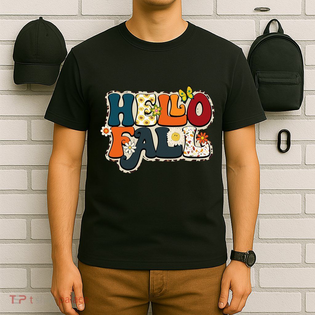 Hello Fall Retro Groovy Pumpkin Season Leopard Autumn T-Shirt