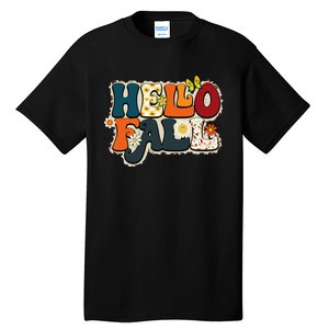 Hello Fall Retro Groovy Pumpkin Season Leopard Autumn Tall T-Shirt