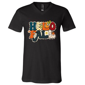 Hello Fall Retro Groovy Pumpkin Season Leopard Autumn V-Neck T-Shirt