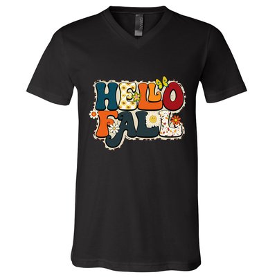 Hello Fall Retro Groovy Pumpkin Season Leopard Autumn V-Neck T-Shirt