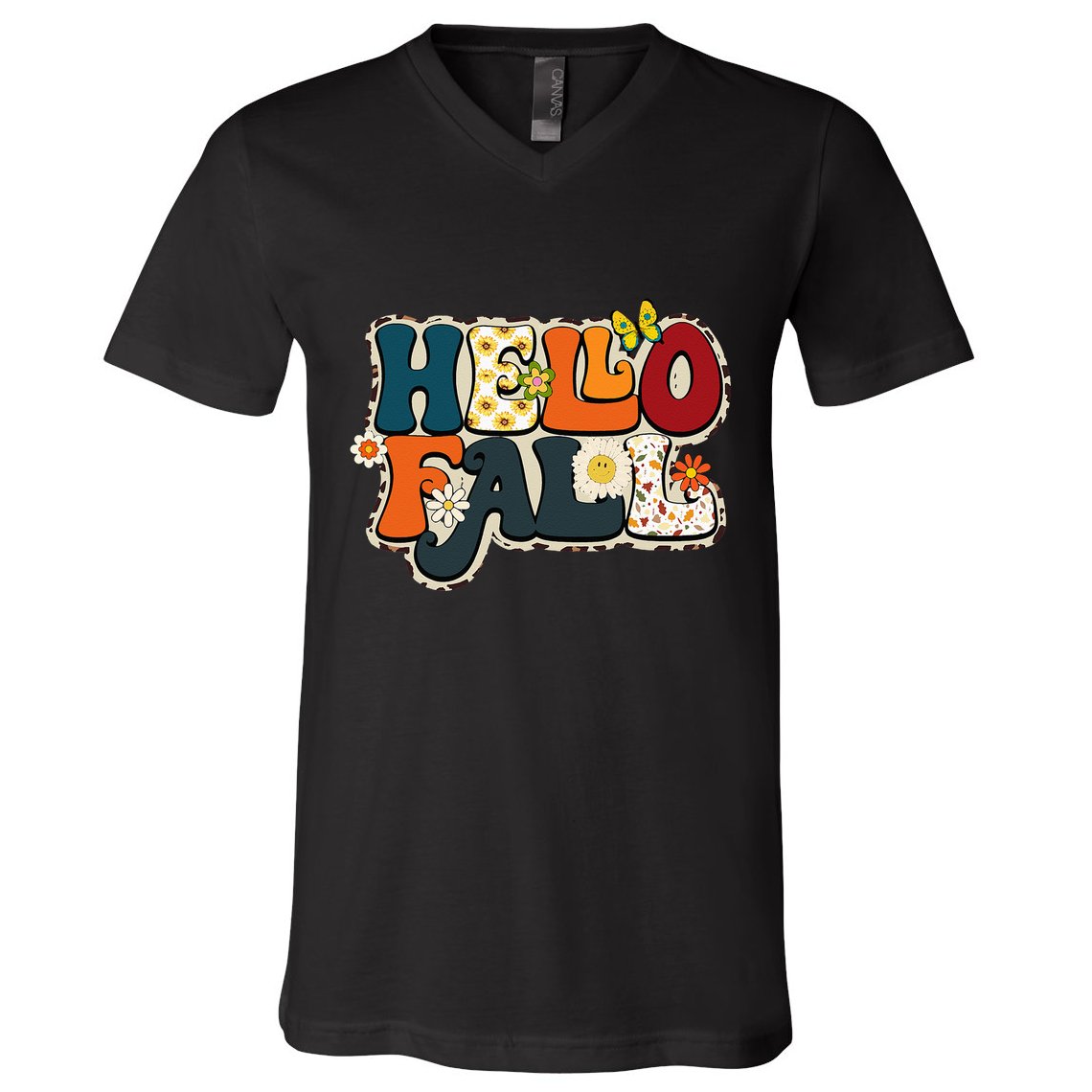 Hello Fall Retro Groovy Pumpkin Season Leopard Autumn V-Neck T-Shirt