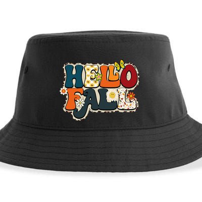 Hello Fall Retro Groovy Pumpkin Season Leopard Autumn Sustainable Bucket Hat
