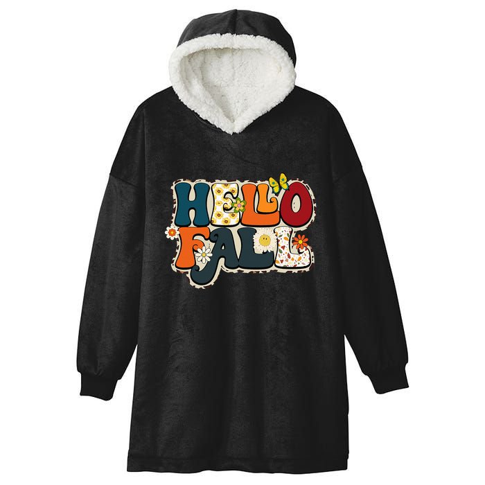 Hello Fall Retro Groovy Pumpkin Season Leopard Autumn Hooded Wearable Blanket