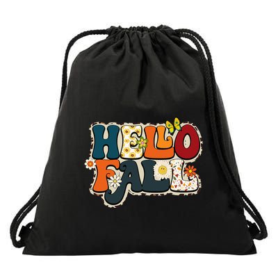 Hello Fall Retro Groovy Pumpkin Season Leopard Autumn Drawstring Bag