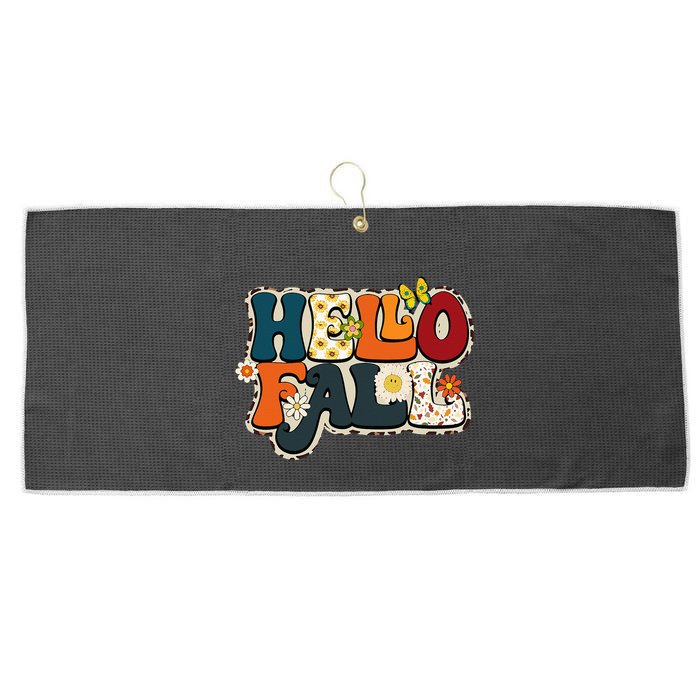 Hello Fall Retro Groovy Pumpkin Season Leopard Autumn Large Microfiber Waffle Golf Towel