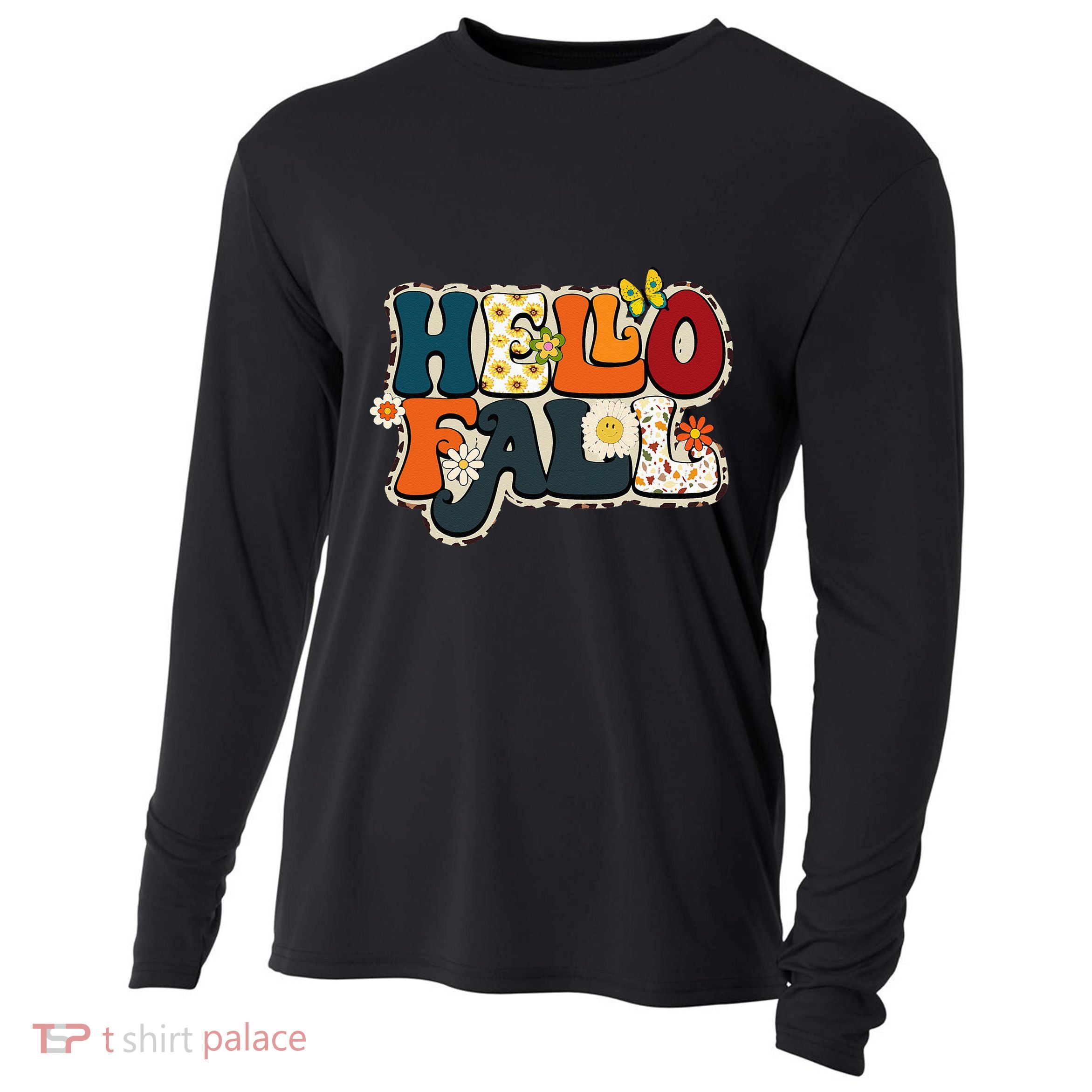 Hello Fall Retro Groovy Pumpkin Season Leopard Autumn Cooling Performance Long Sleeve Crew