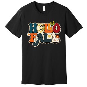 Hello Fall Retro Groovy Pumpkin Season Leopard Autumn Premium T-Shirt