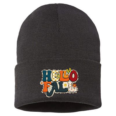 Hello Fall Retro Groovy Pumpkin Season Leopard Autumn Sustainable Knit Beanie