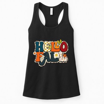 Hello Fall Retro Groovy Pumpkin Season Leopard Autumn Womens Tank Top