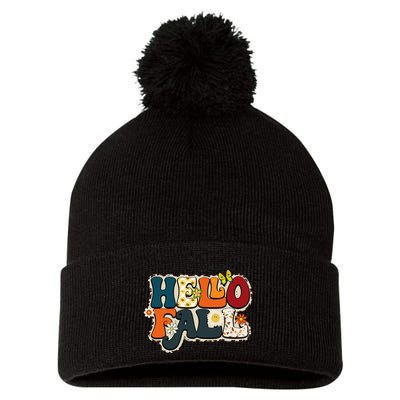Hello Fall Retro Groovy Pumpkin Season Leopard Autumn Pom Pom 12in Knit Beanie