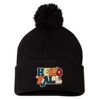 Hello Fall Retro Groovy Pumpkin Season Leopard Autumn Pom Pom 12in Knit Beanie