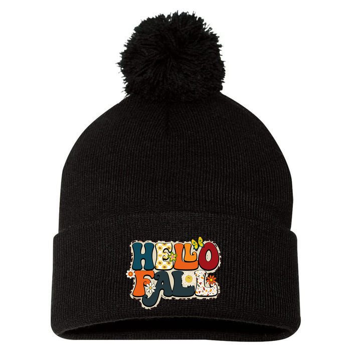 Hello Fall Retro Groovy Pumpkin Season Leopard Autumn Pom Pom 12in Knit Beanie