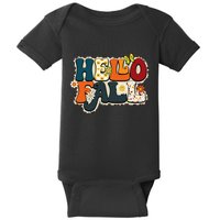Hello Fall Retro Groovy Pumpkin Season Leopard Autumn Baby Bodysuit