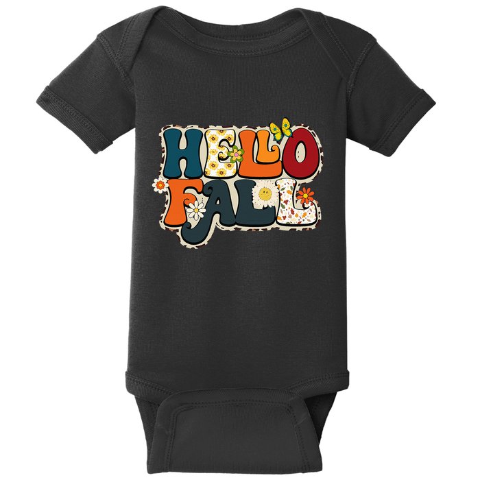 Hello Fall Retro Groovy Pumpkin Season Leopard Autumn Baby Bodysuit