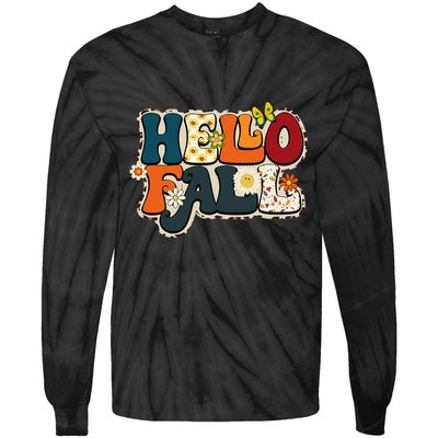 Hello Fall Retro Groovy Pumpkin Season Leopard Autumn Tie-Dye Long Sleeve Shirt