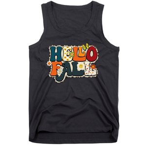 Hello Fall Retro Groovy Pumpkin Season Leopard Autumn Tank Top