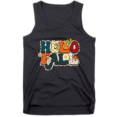 Hello Fall Retro Groovy Pumpkin Season Leopard Autumn Tank Top