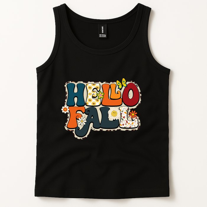 Hello Fall Retro Groovy Pumpkin Season Leopard Autumn Tank Top