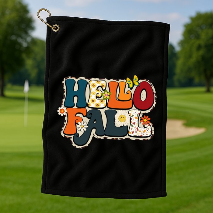 Hello Fall Retro Groovy Pumpkin Season Leopard Autumn Golf Towel