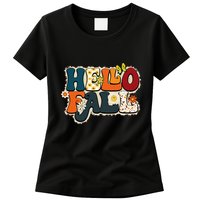Hello Fall Retro Groovy Pumpkin Season Leopard Autumn Womens T-Shirt