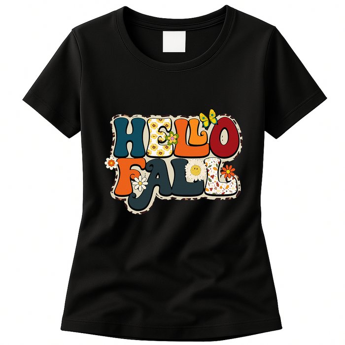 Hello Fall Retro Groovy Pumpkin Season Leopard Autumn Womens T-Shirt