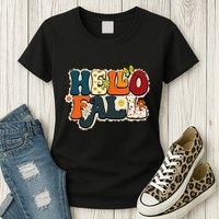 Hello Fall Retro Groovy Pumpkin Season Leopard Autumn Womens T-Shirt