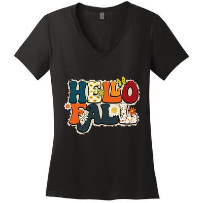 Hello Fall Retro Groovy Pumpkin Season Leopard Autumn Women's V-Neck T-Shirt