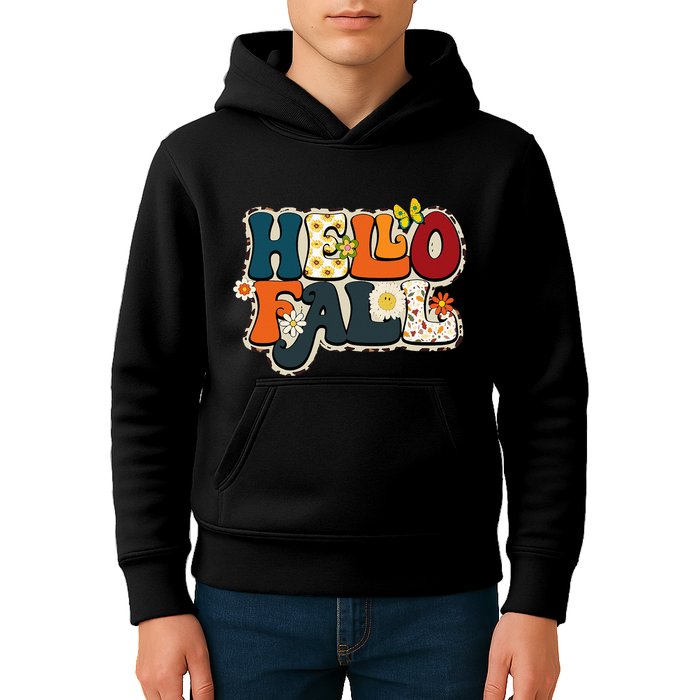 Hello Fall Retro Groovy Pumpkin Season Leopard Autumn Kids Hoodie