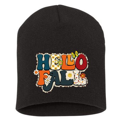 Hello Fall Retro Groovy Pumpkin Season Leopard Autumn Short Acrylic Beanie