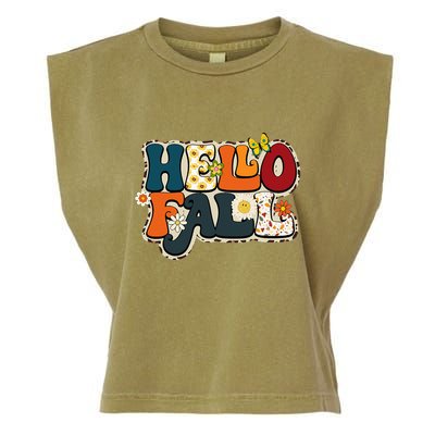 Hello Fall Retro Groovy Pumpkin Season Leopard Autumn Garment-Dyed Women's Muscle Tee